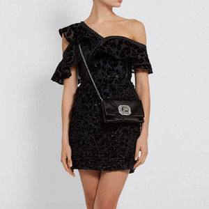 Self Portrait Black Metallic Leopard Frill One Shoulder Mini Dress Size 0 NEW